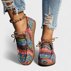 Seryphina™ orthopedic sneakers, multicolor patchwork uppers, brown lace-up with textured sole