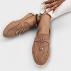 Brown women's suede loafers with knot tie detail and cushioned low sole