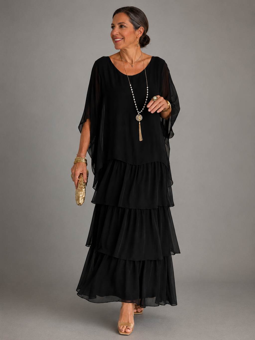 Lara™ tiered maxi dress in black with loose draped sleeves and round neckline