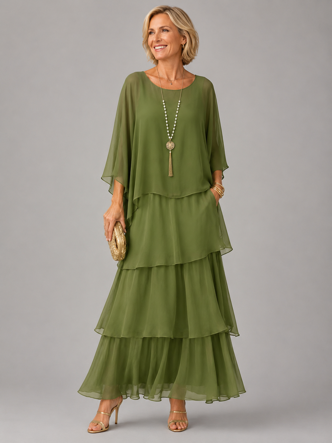 Lara™ tiered maxi dress in dark green with loose draped sleeves and flowy layers