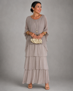 Lara™ tiered maxi dress in light gray with loose sleeves and flowing ruffle layers