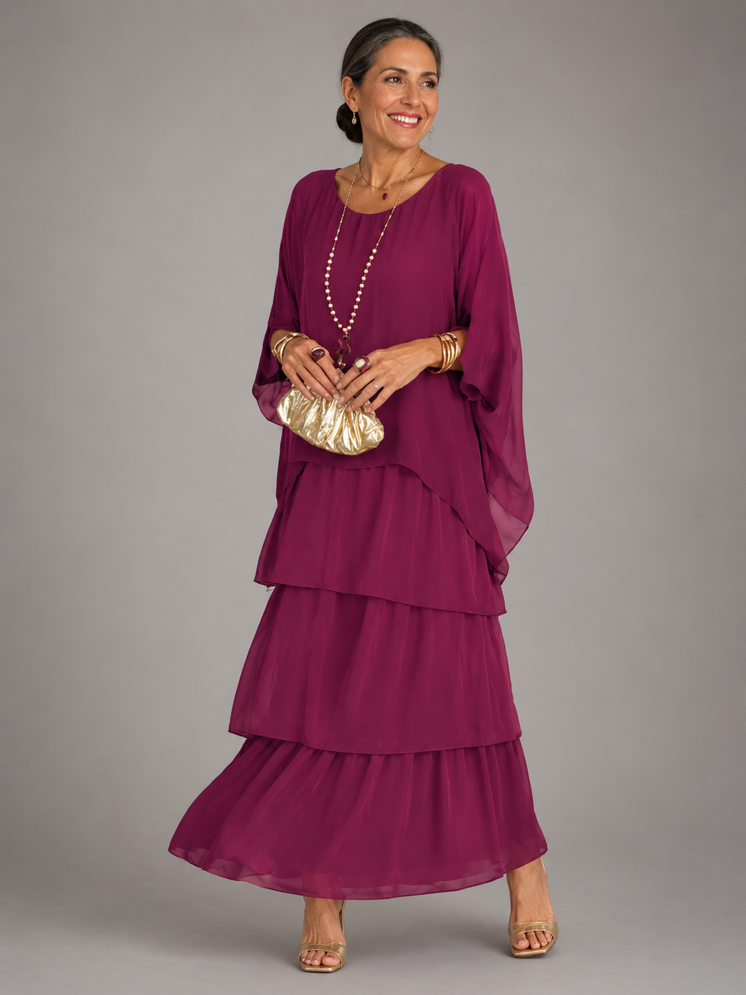 Lara™ tiered maxi dress in berry purple with loose draped sleeves and layered skirt