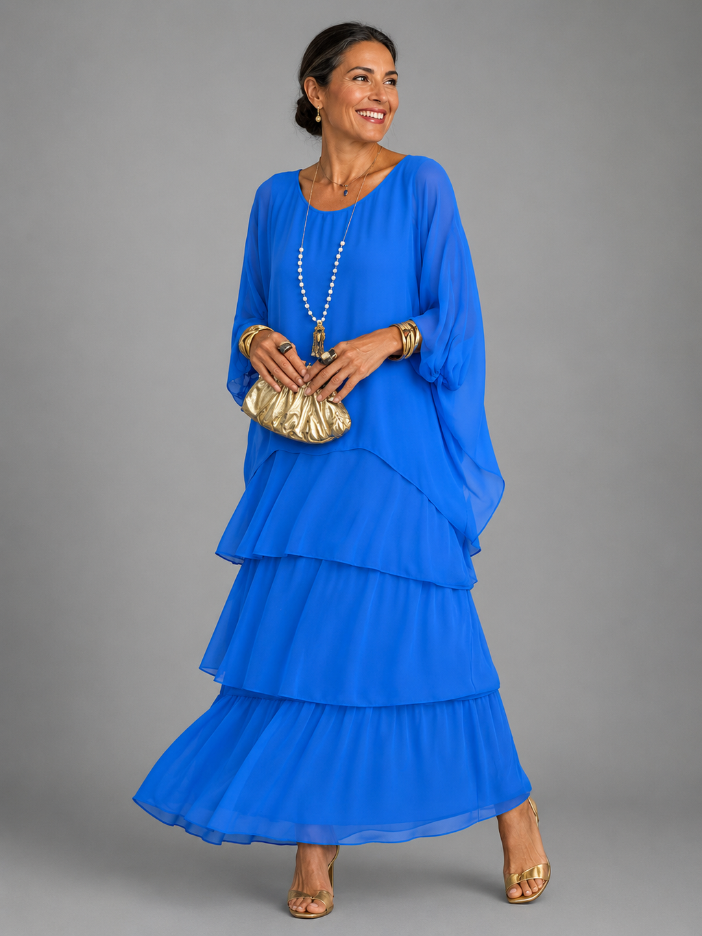 Lara™ tiered maxi dress in bright blue with loose draped sleeves and soft layered ruffles