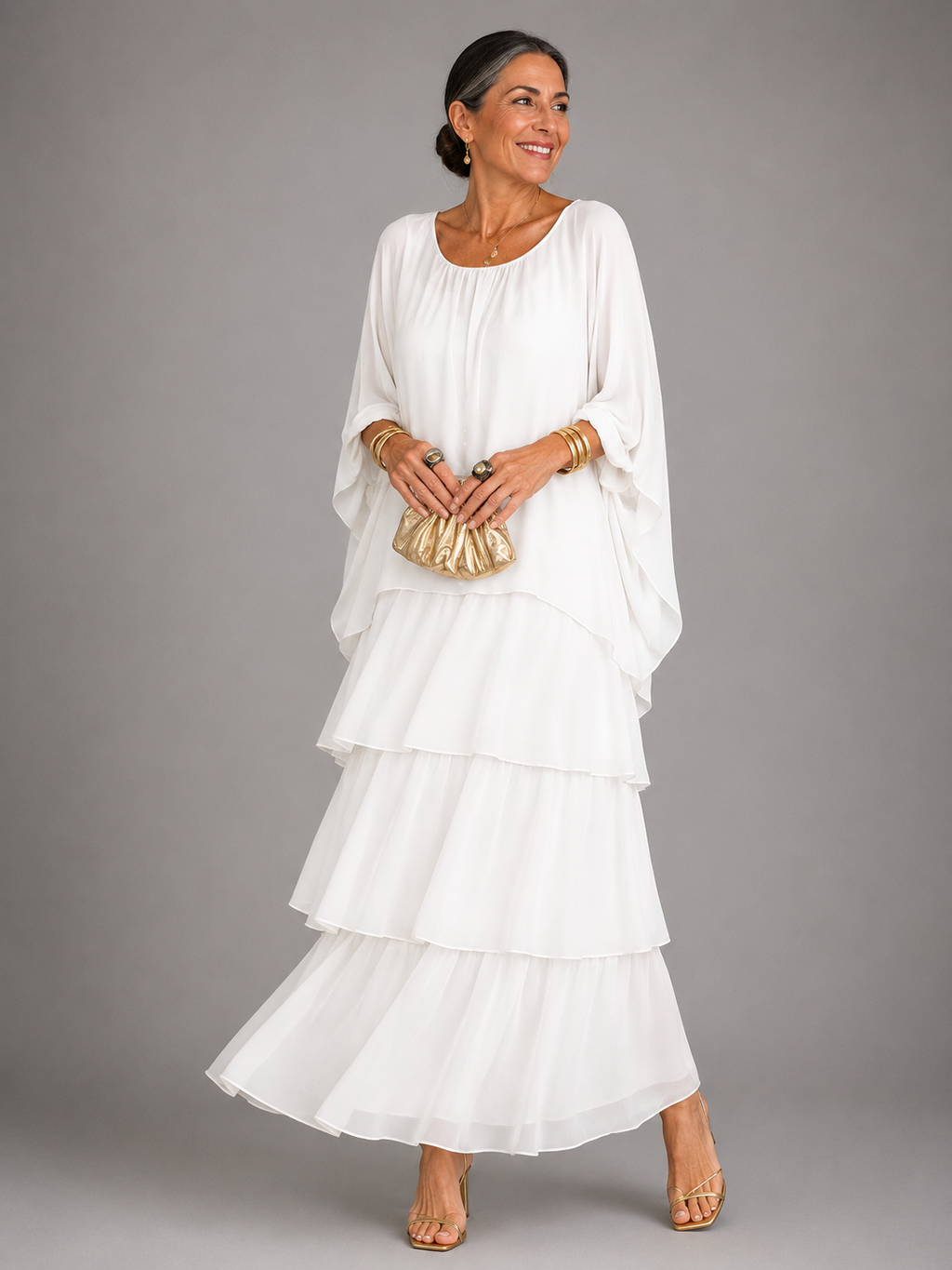 Lara™ tiered maxi dress in white with loose dolman sleeves and flowing ruffle layers
