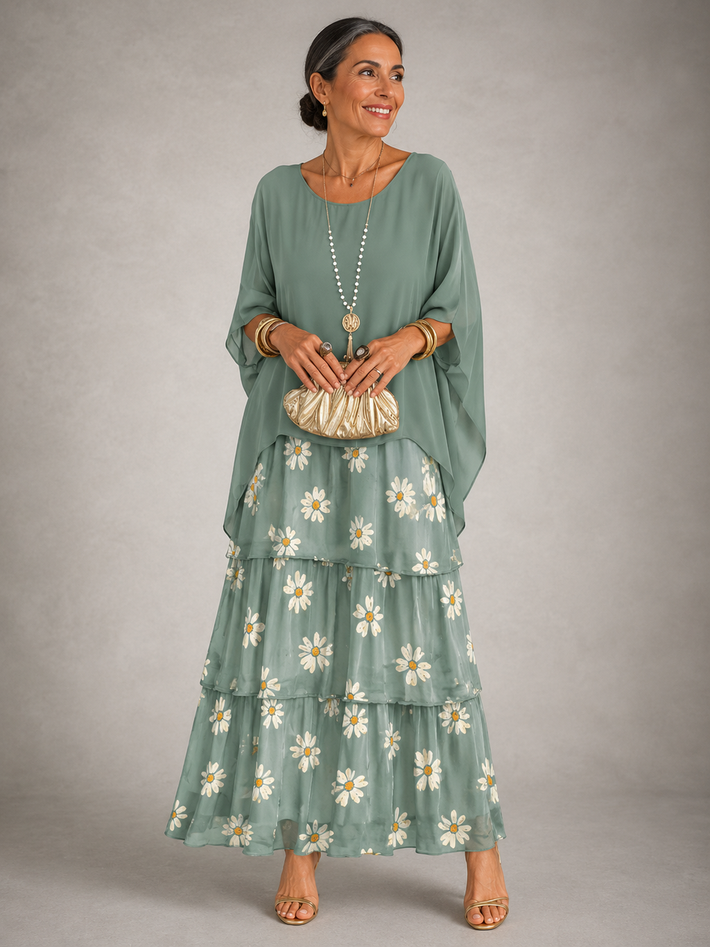Lara™ sage green maxi dress with floral-embroidered tiered skirt and layered hem