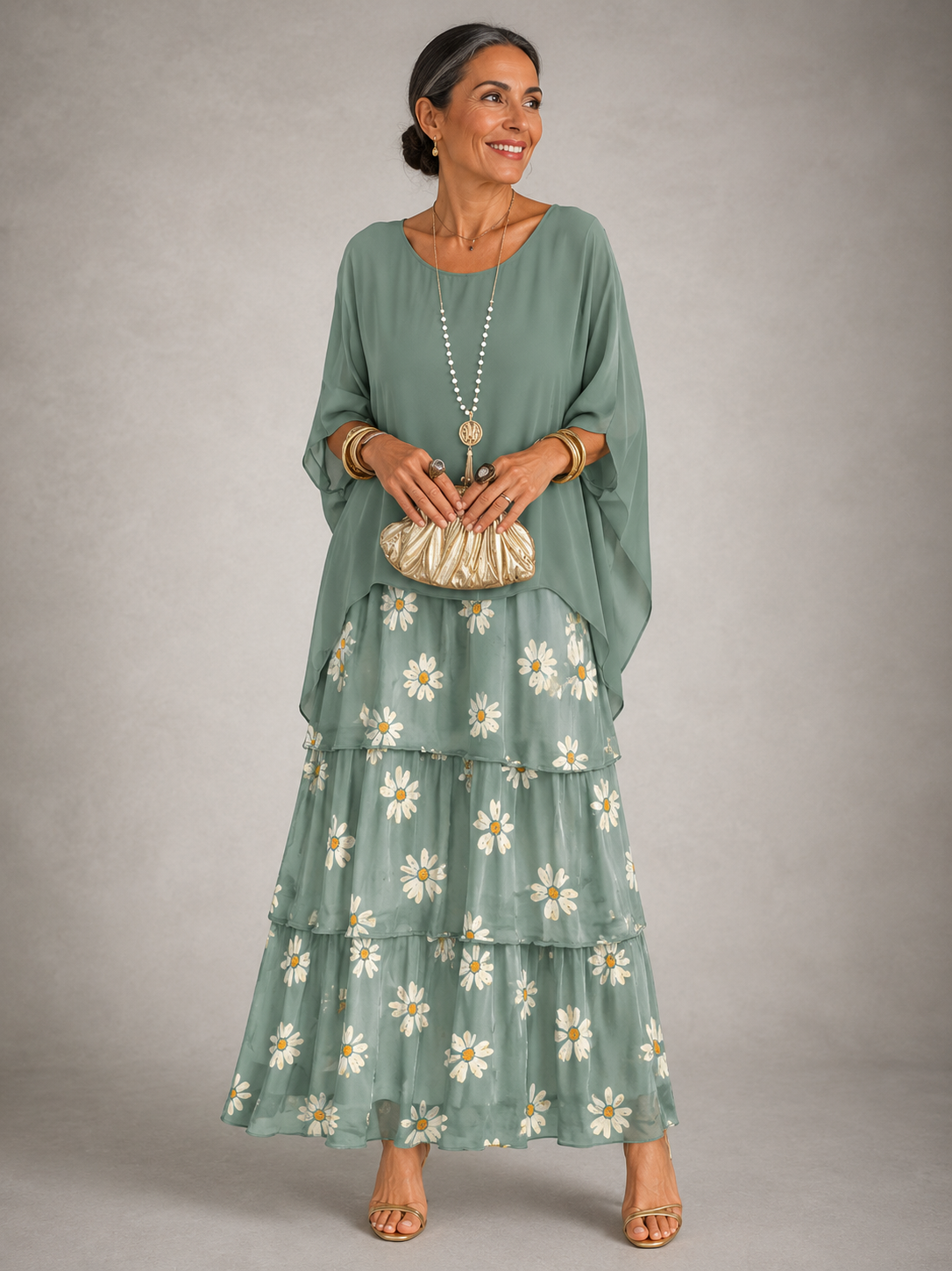 Lara™ sage green maxi dress with floral-embroidered tiered skirt and layered hem