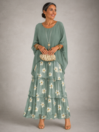 Lara™ sage green maxi dress with floral-embroidered tiered skirt and layered hem