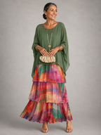 Lara™ green maxi dress with multicolor layered ruffle skirt and loose draped sleeves