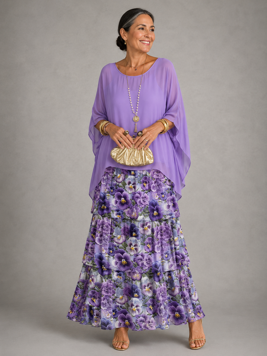 Lara™ lavender maxi dress with purple floral tiered skirt and loose draped sleeves