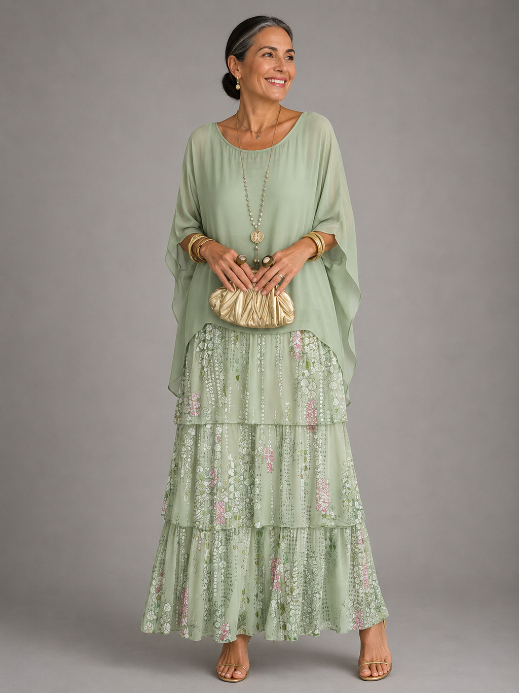 Light green tiered maxi dress with floral ruffle skirt and draped elbow-length sleeves