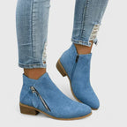 Blue suede orthopedic ankle boots with side zipper and low block heel