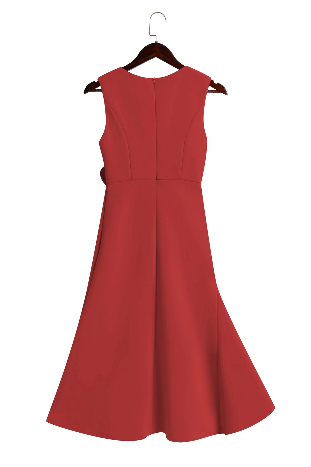 Red sleeveless midi A-line dress on hanger, cinched waist with tie