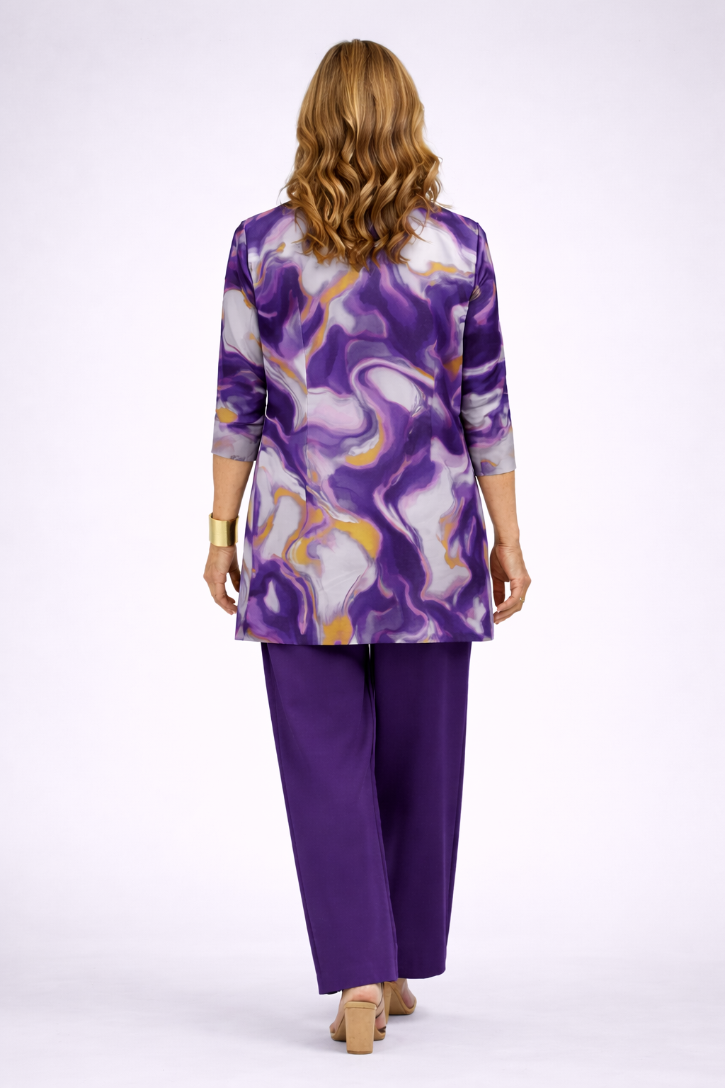 Gavina 3-piece set: patterned kimono jacket back, purple pants with sleeveless top