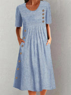 Blue striped short-sleeve summer dress with button placket and gathered skirt