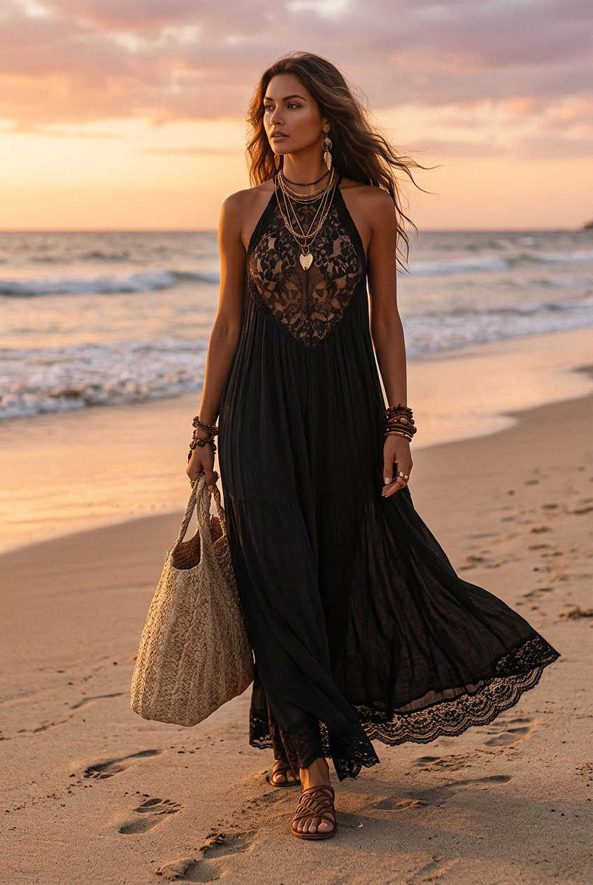Black sleeveless maxi dress with lace-trim hem and lace halter yoke