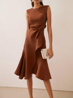 Brown sleeveless midi A-line dress with waist twist and flared hem