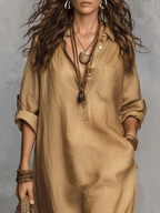 Beige buttoned casual dress with stand collar and chest pocket, close-up neckline