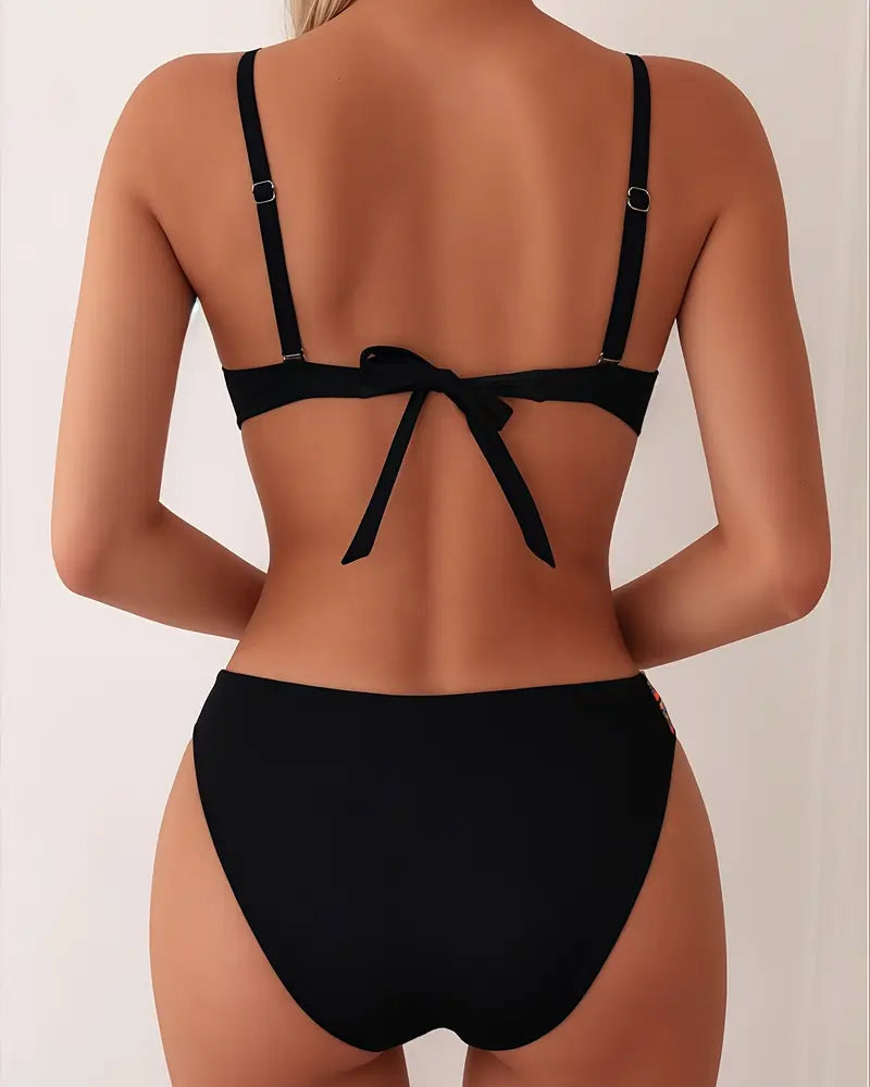 Black backless bikini set with tie back straps and colorful side trim