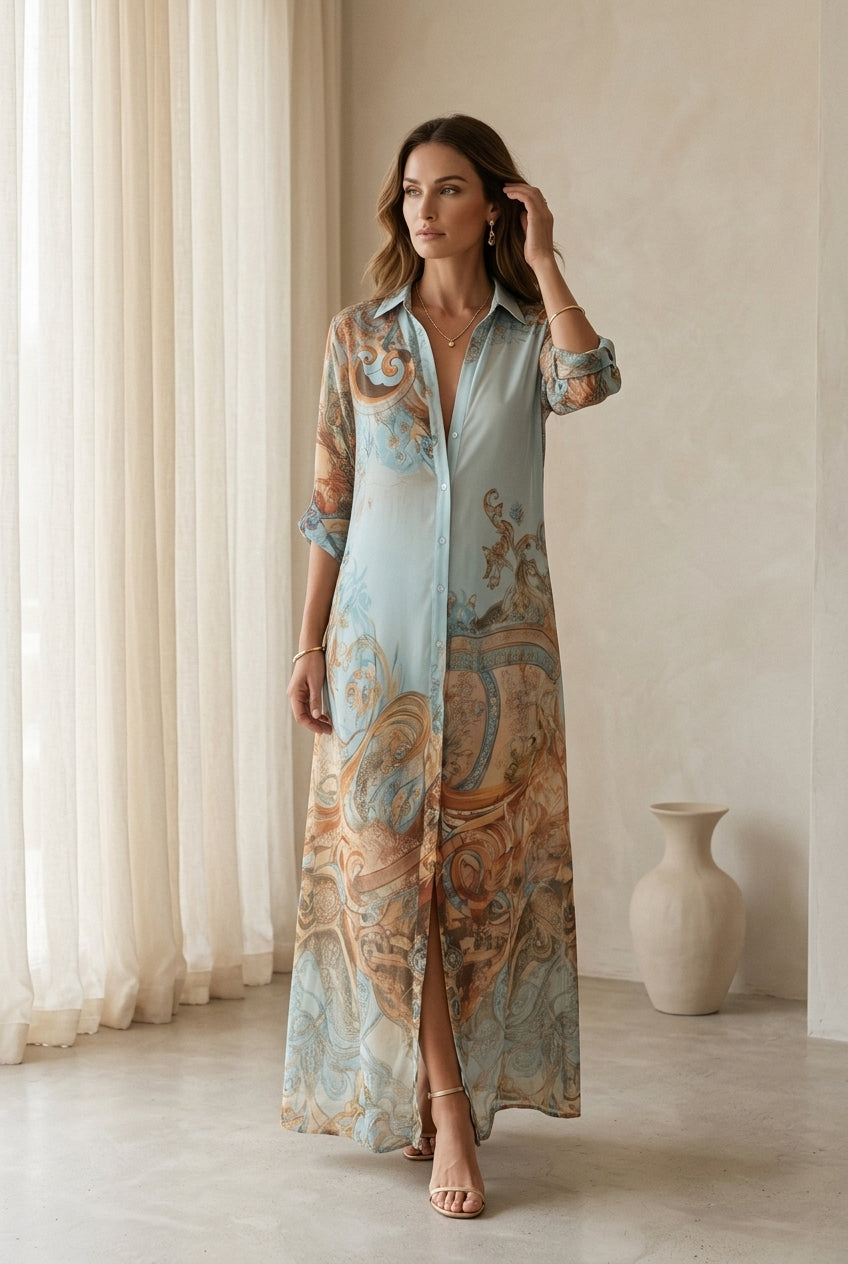 Light blue baroque-print chiffon maxi dress with open V-neck and side slit