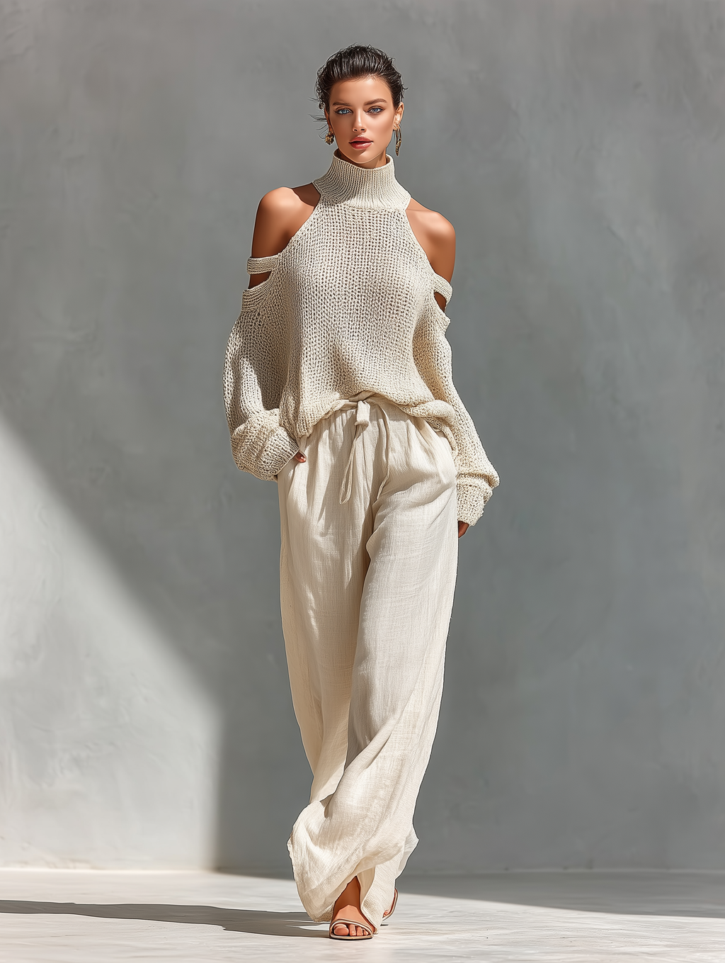 Cream knit cold-shoulder turtleneck top with long sleeves and tie-waist wide-leg pants set.