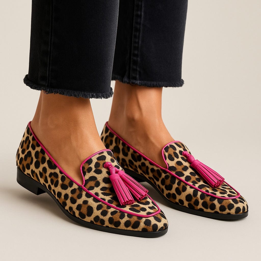 Savannah™ leopard print fringe accent slippers, pink tassels, slip-on loafer style