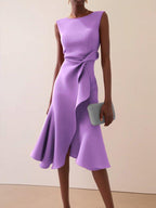 Sleeveless purple midi A-line dress with waist twist and flared skirt