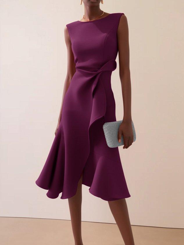 Purple sleeveless midi A-line dress with twisted waist and flared skirt