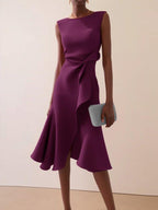 Purple sleeveless midi A-line dress with twisted waist and flared skirt