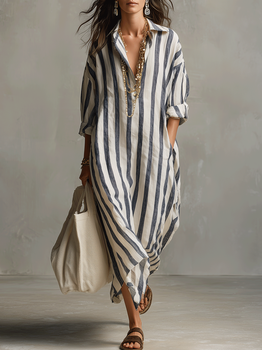 Striped maxi dress, blue and off-white, button-front, long sleeves, V-neck collar