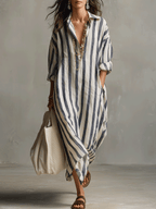 Striped maxi dress, blue and off-white, button-front, long sleeves, V-neck collar
