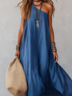 Royal blue striped off-the-shoulder maxi dress with draped gathered skirt
