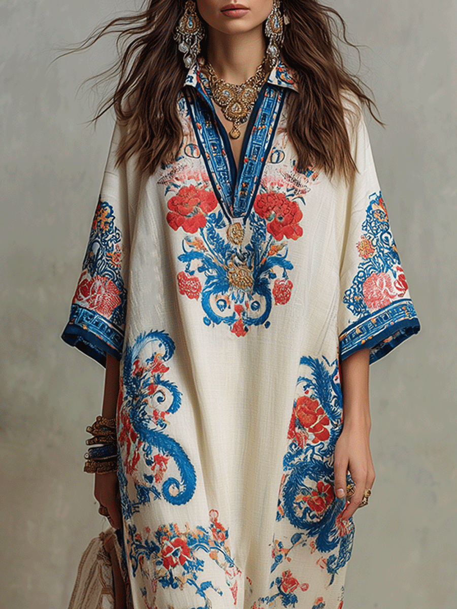 Ivory caftan midi dress with blue floral paisley, deep V neckline and wide kimono sleeves