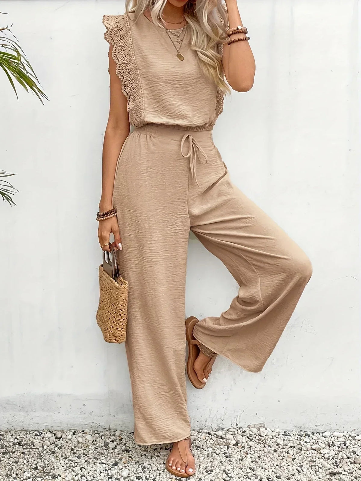 Beige sleeveless lace-trim top and wide-leg pants set with drawstring waist