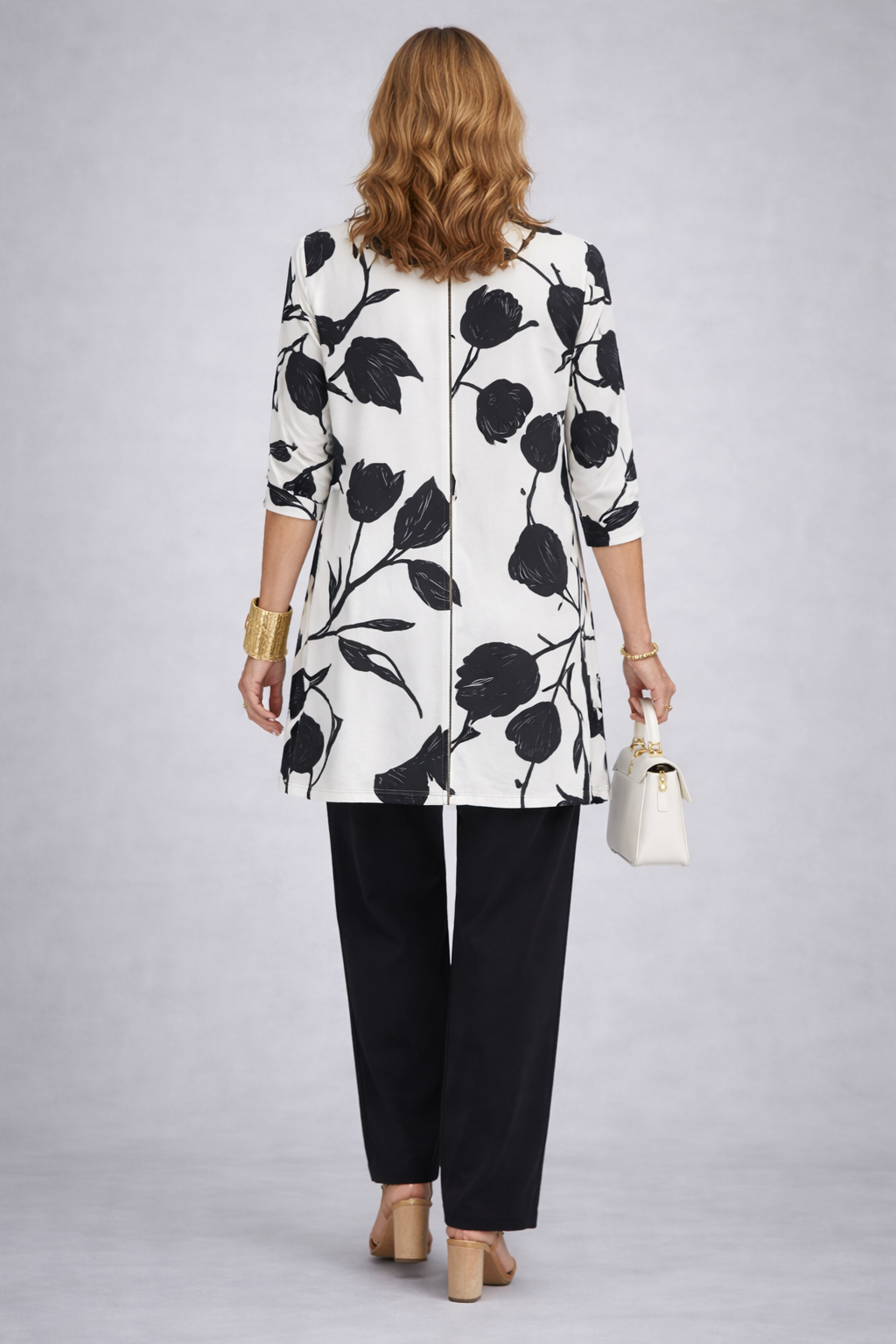 Black 3-piece set with white floral back open jacket, black pants and top