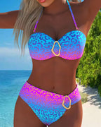 Purple and blue leopard-print halter bikini top and matching high-cut bottoms
