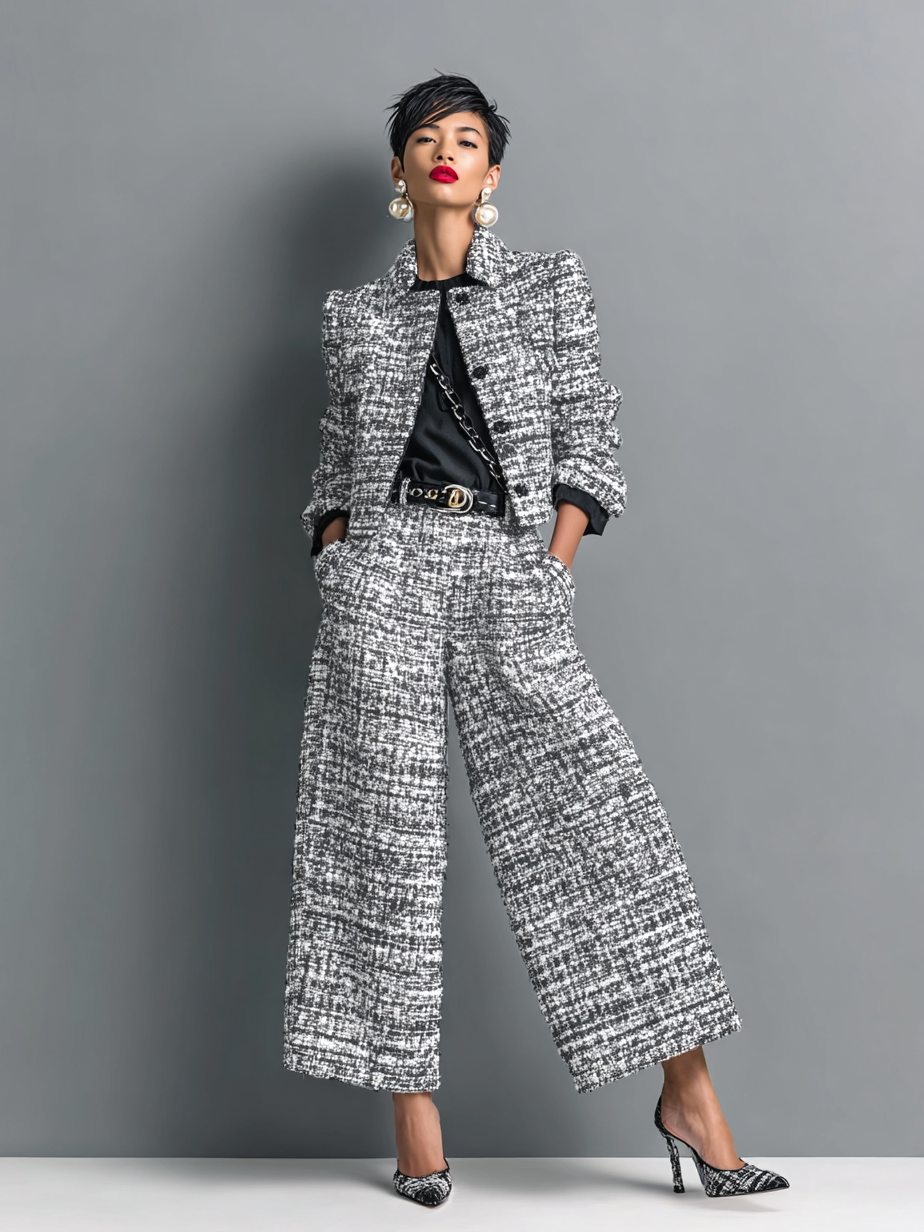 Women's tweed jacket and wide-leg pants set, gray-and-white