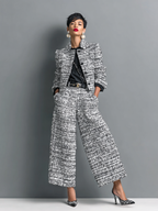 Women's tweed jacket and wide-leg pants set, gray-and-white
