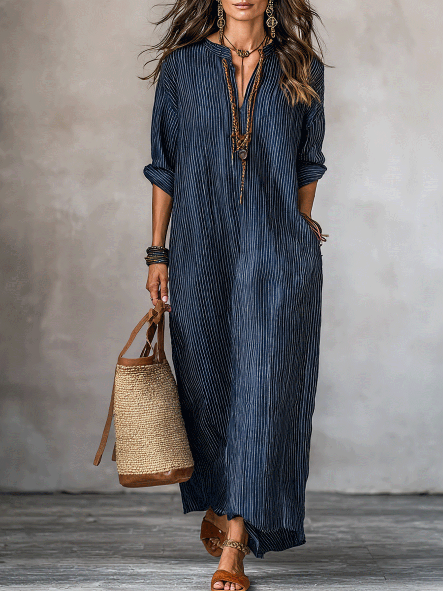 Blue indigo loose-fit maxi dress with V-neck and vertical pinstripes, 3/4 sleeves
