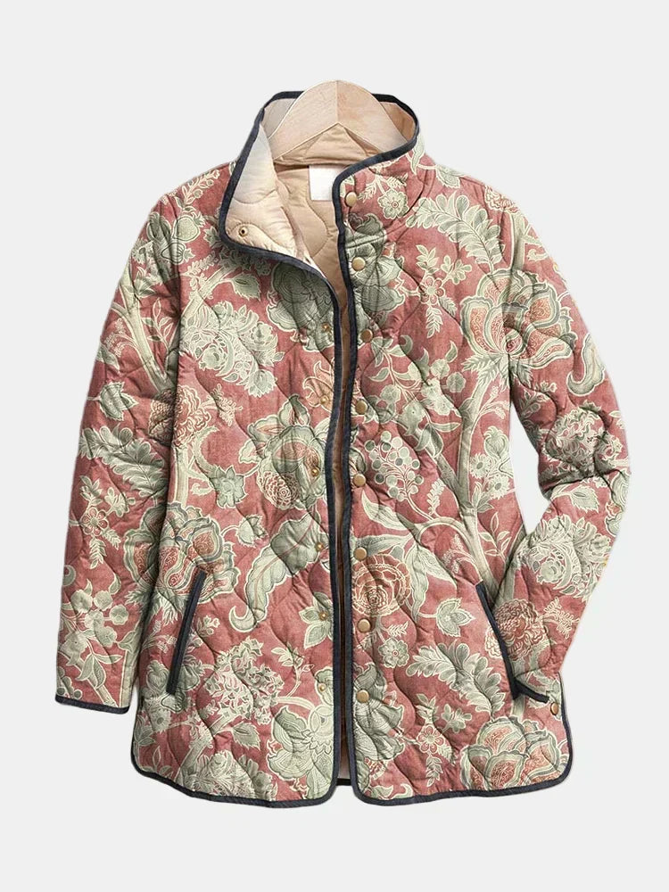 Multicolour floral quilted casual jacket with stand collar and button front