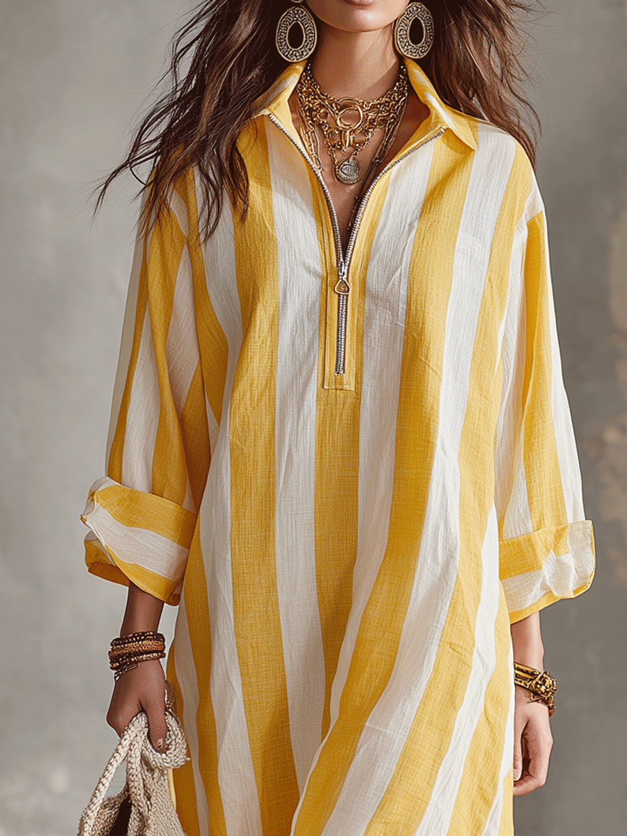 Yellow and white striped midi dress with zip placket and pleated cuffs, V-neck