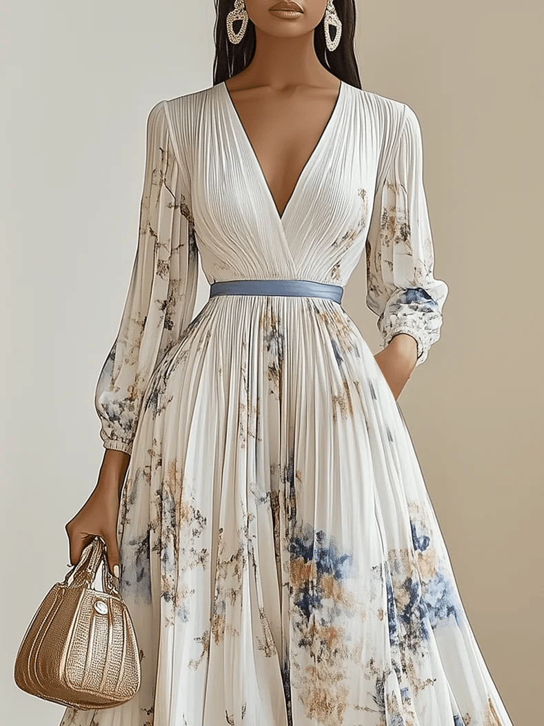 White floral chiffon maxi dress with V-neck, pleated skirt, gathered waist, long sleeves