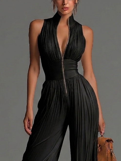 Black sleeveless deep V-neck zip-front pleated chiffon jumpsuit, front close-up