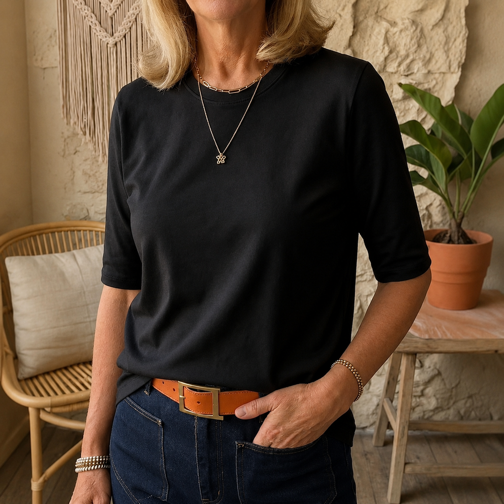 Black comfort-coverage tee with three-quarter sleeves