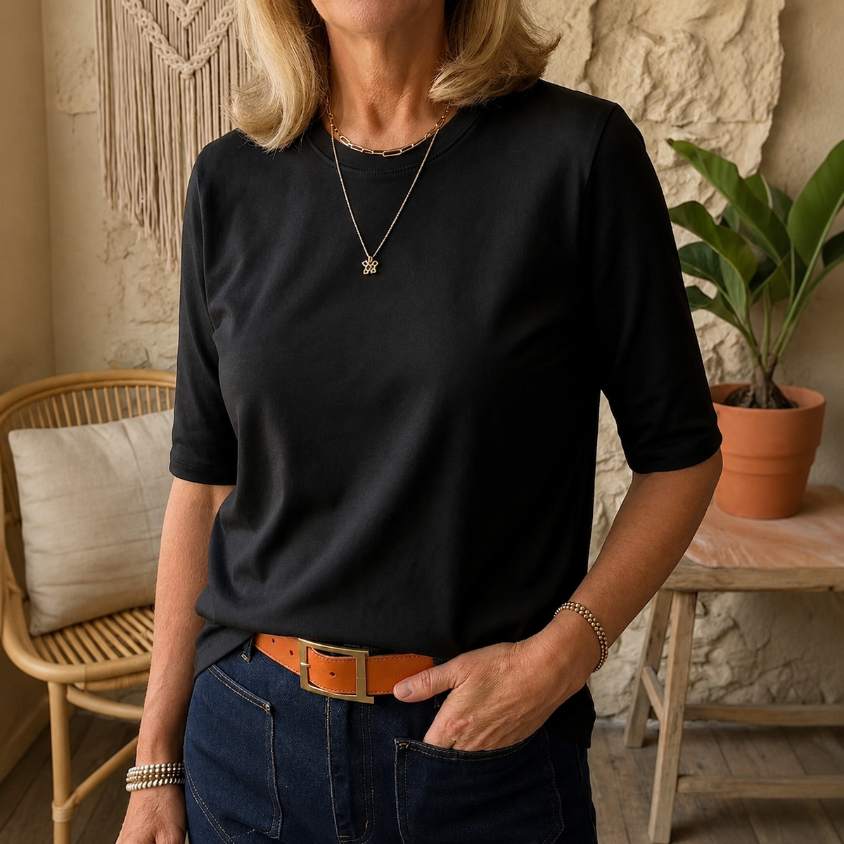 Black comfort-coverage tee with three-quarter sleeves