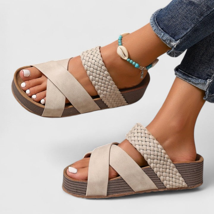 Sand orthopedic sandals with braided straps and thick ribbed wedge heel