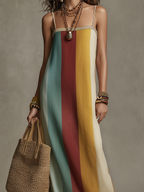 Spaghetti-strap maxi dress with vertical color-block stripes in teal, burgundy, yellow, cream