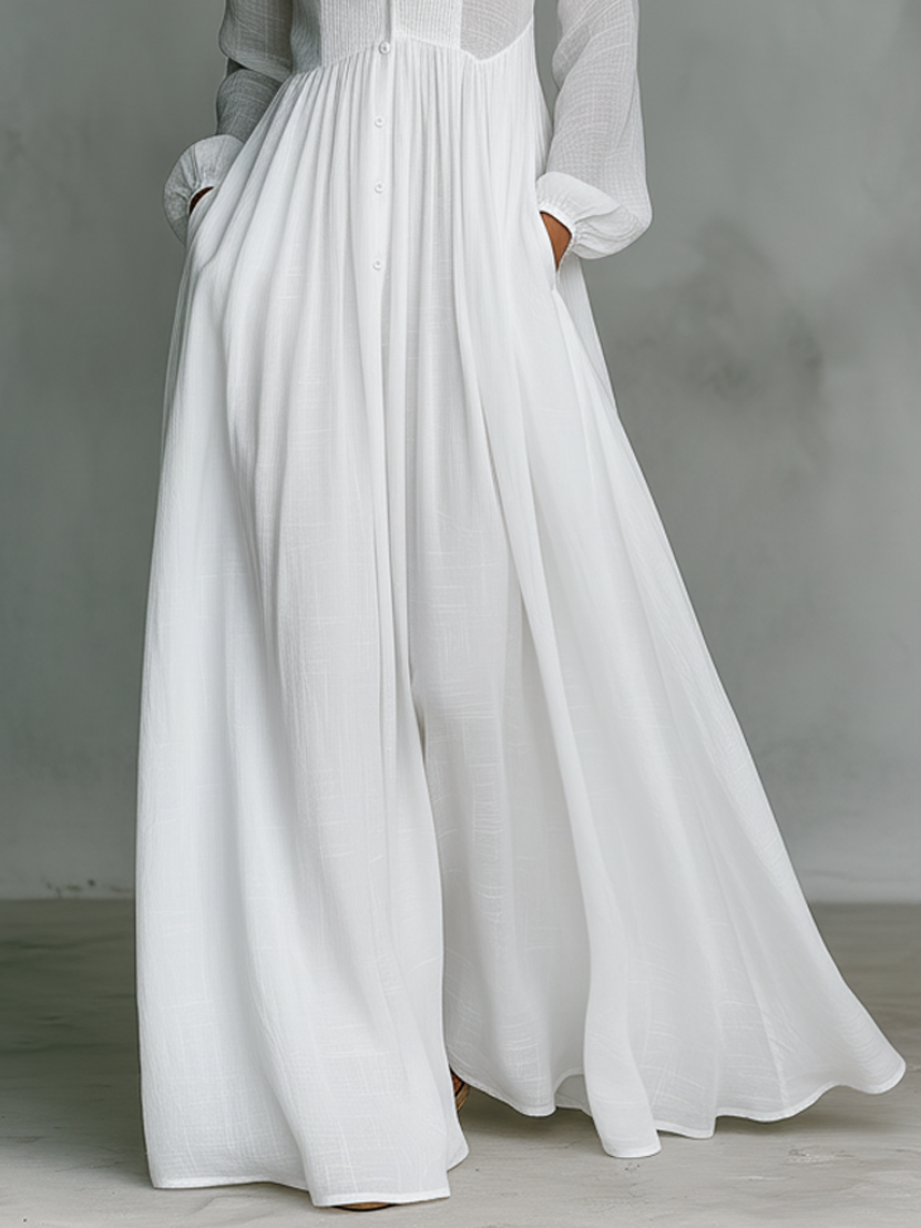Women's white maxi dress skirt with patchwork texture, button-front placket and long sleeves