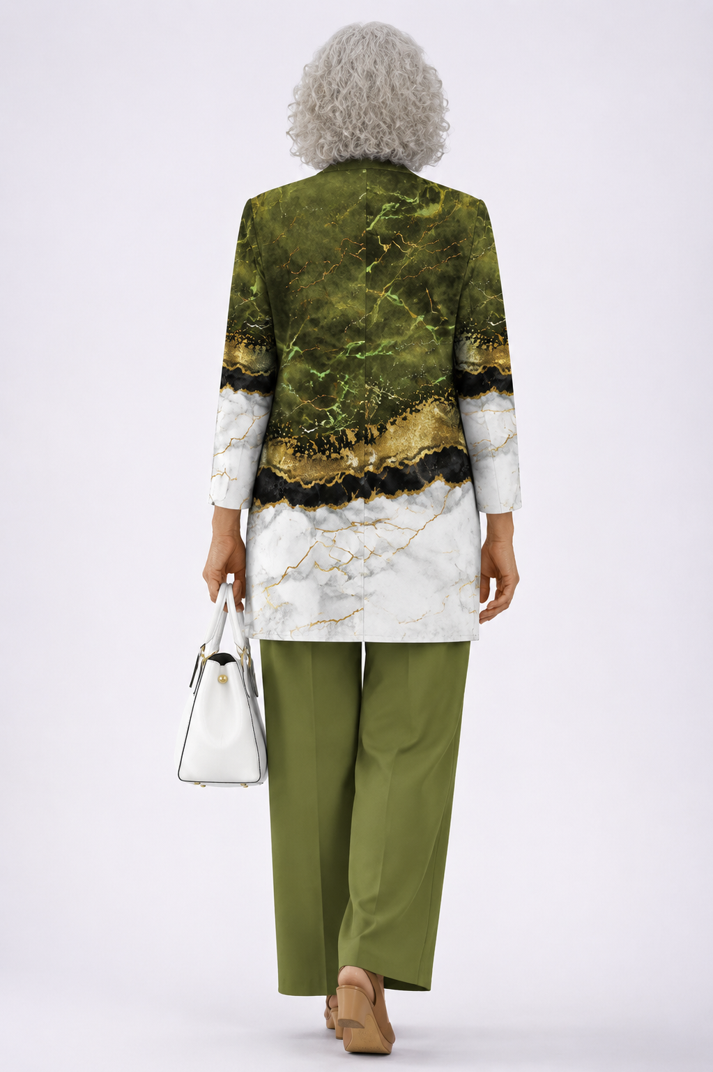 Women's 3-piece set in olive green: back of open jacket, top, and straight-leg pants
