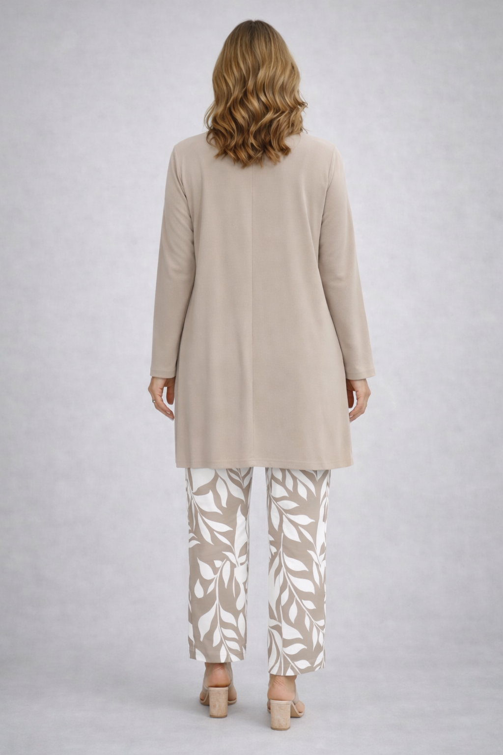 Beige long tunic top and leaf-print trousers in 3-piece set, back view