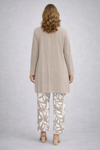 Beige long tunic top and leaf-print trousers in 3-piece set, back view